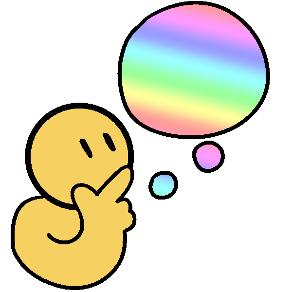  A yellow person thinking with a pastel rainbow thought bubble.